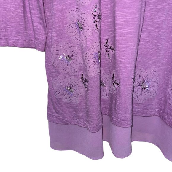 LOGO Lori Goldstein Purple Tunic Floral Sheer Hem Size Large Shirt - Picture 7 of 7